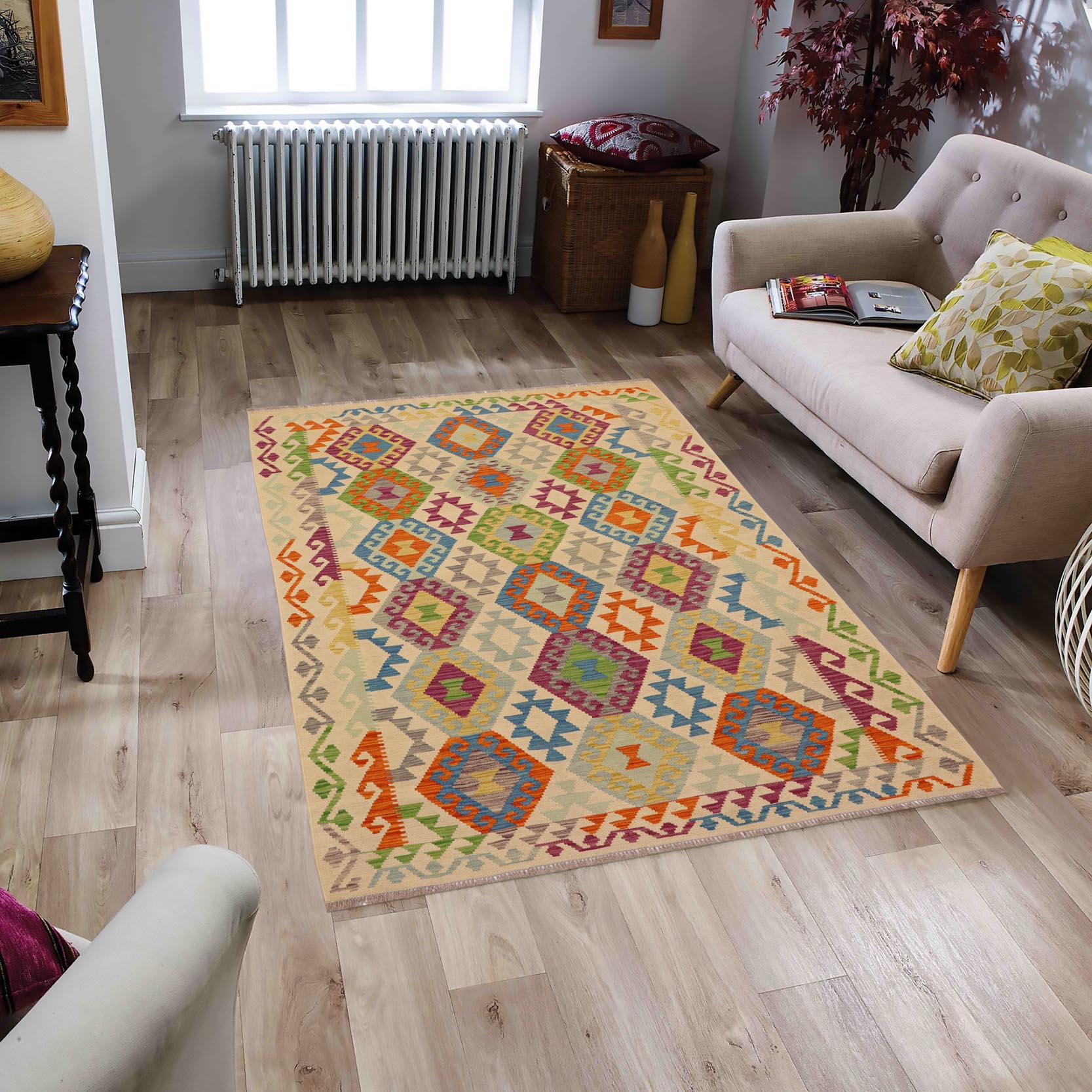 handmade Geometric Kilim Beige Blue Hand-Woven RECTANGLE 100% WOOL area rug 5 x 7