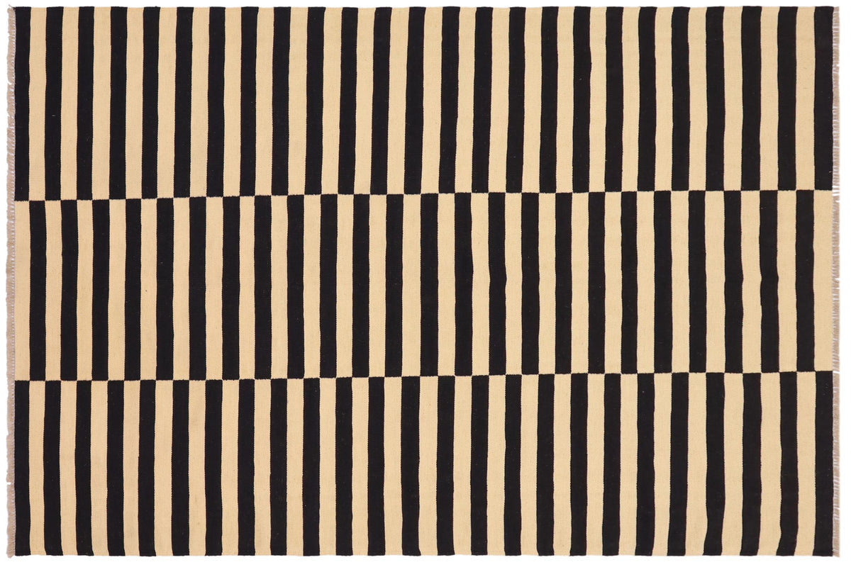 handmade Modern Kilim Beige Black Hand-Woven RECTANGLE 100% WOOL area rug 5' x 8'