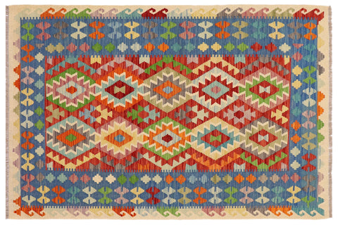 handmade Geometric Kilim Red Blue Hand-Woven RECTANGLE 100% WOOL area rug 5x6