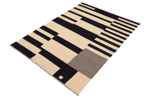 handmade Modern Kilim Beige Black Hand-Woven RECTANGLE 100% WOOL area rug 5' x 8'