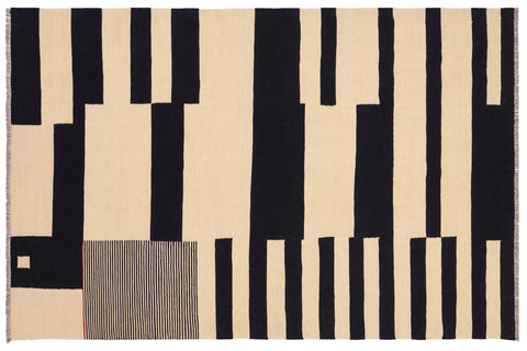 handmade Modern Kilim Beige Black Hand-Woven RECTANGLE 100% WOOL area rug 5' x 8'
