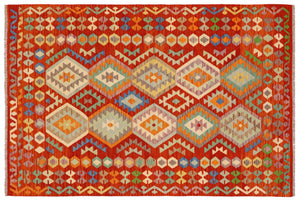 6x8 hand woven Turkish Kilim wool rug in rust and blue - Tribal Lucas Turkish