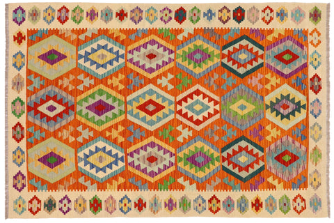 handmade Geometric Kilim Rust Beige Hand-Woven RECTANGLE 100% WOOL area rug 5x6