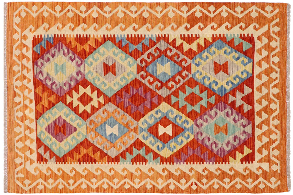 handmade Geometric Kilim Rust Beige Hand-Woven RECTANGLE 100% WOOL area rug 3 x 5