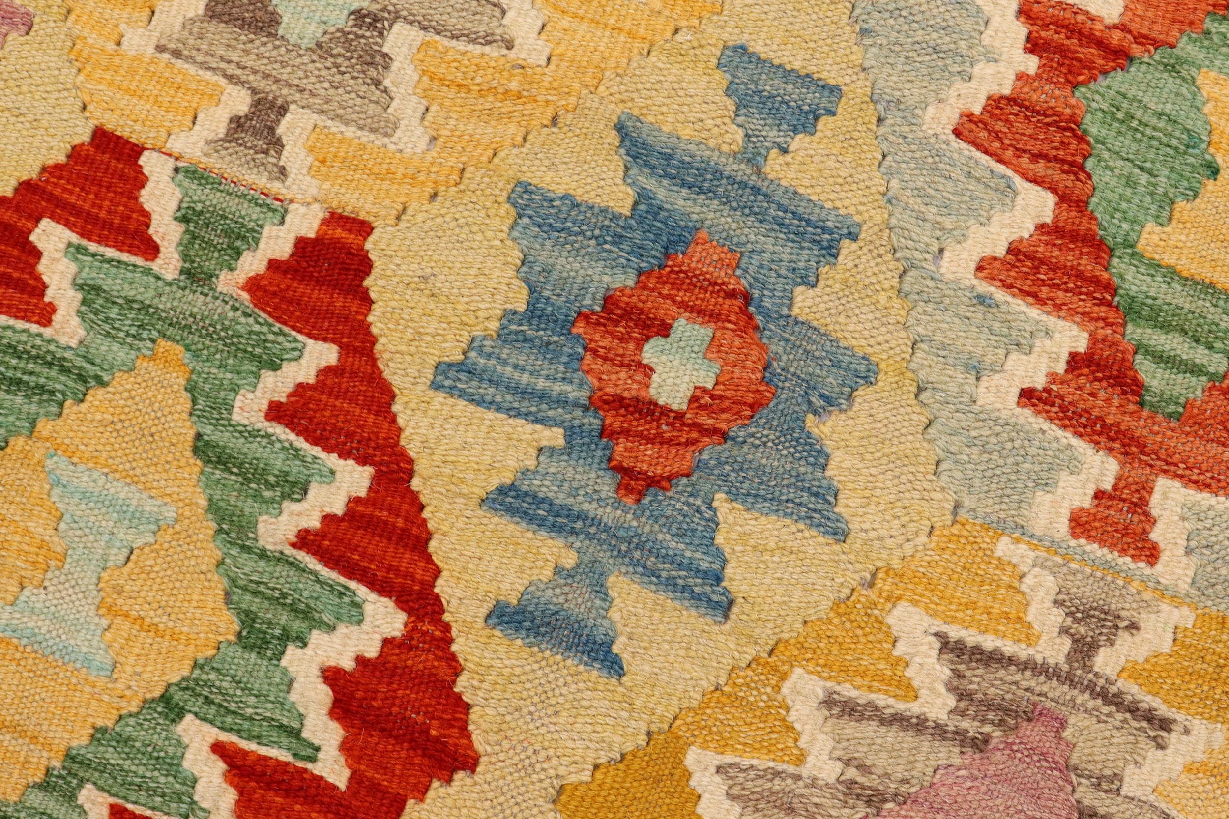 handmade Geometric Kilim Gold Blue Hand-Woven RUNNER 100% WOOL area rug 3 x 7