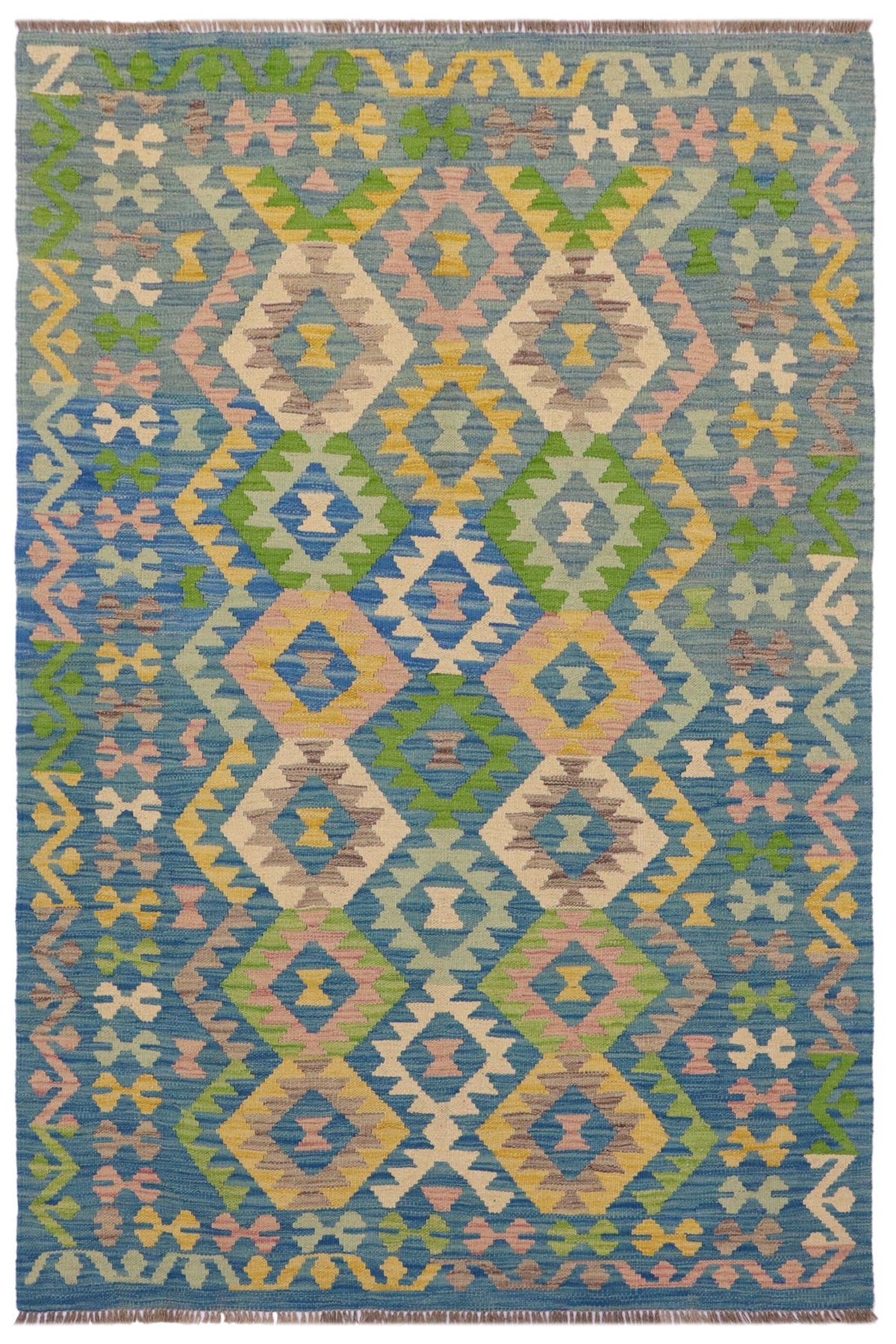 4x6 hand woven Turkish Kilim wool rug in blue and beige - Chic Sadie Turkish