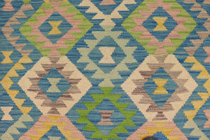handmade Geometric Kilim Blue Beige Hand-Woven RECTANGLE 100% WOOL area rug 4 x 6