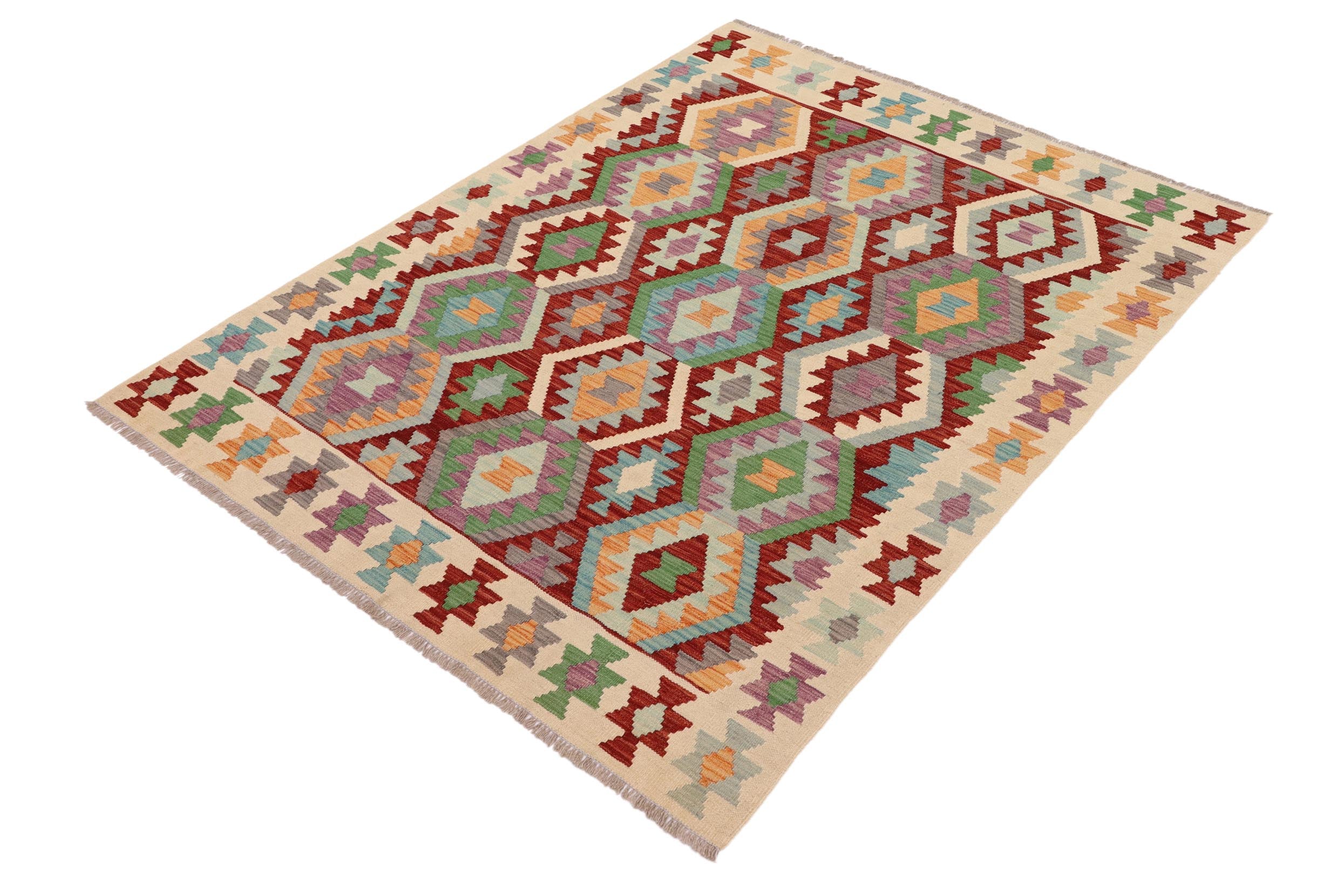 handmade Geometric Kilim Rust Beige Hand-Woven RECTANGLE 100% WOOL area rug 5x6