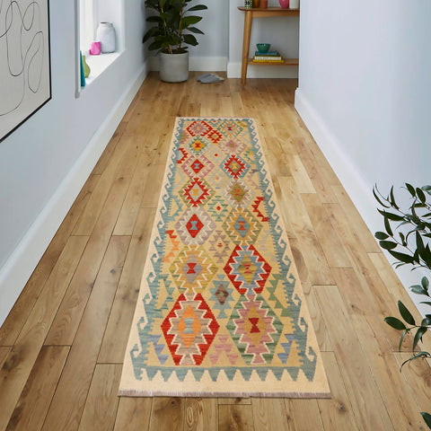 handmade Geometric Kilim Gold Blue Hand-Woven RUNNER 100% WOOL area rug 3 x 7