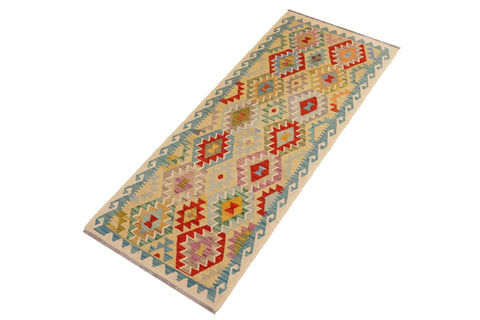 handmade Geometric Kilim Gold Blue Hand-Woven RUNNER 100% WOOL area rug 3 x 7