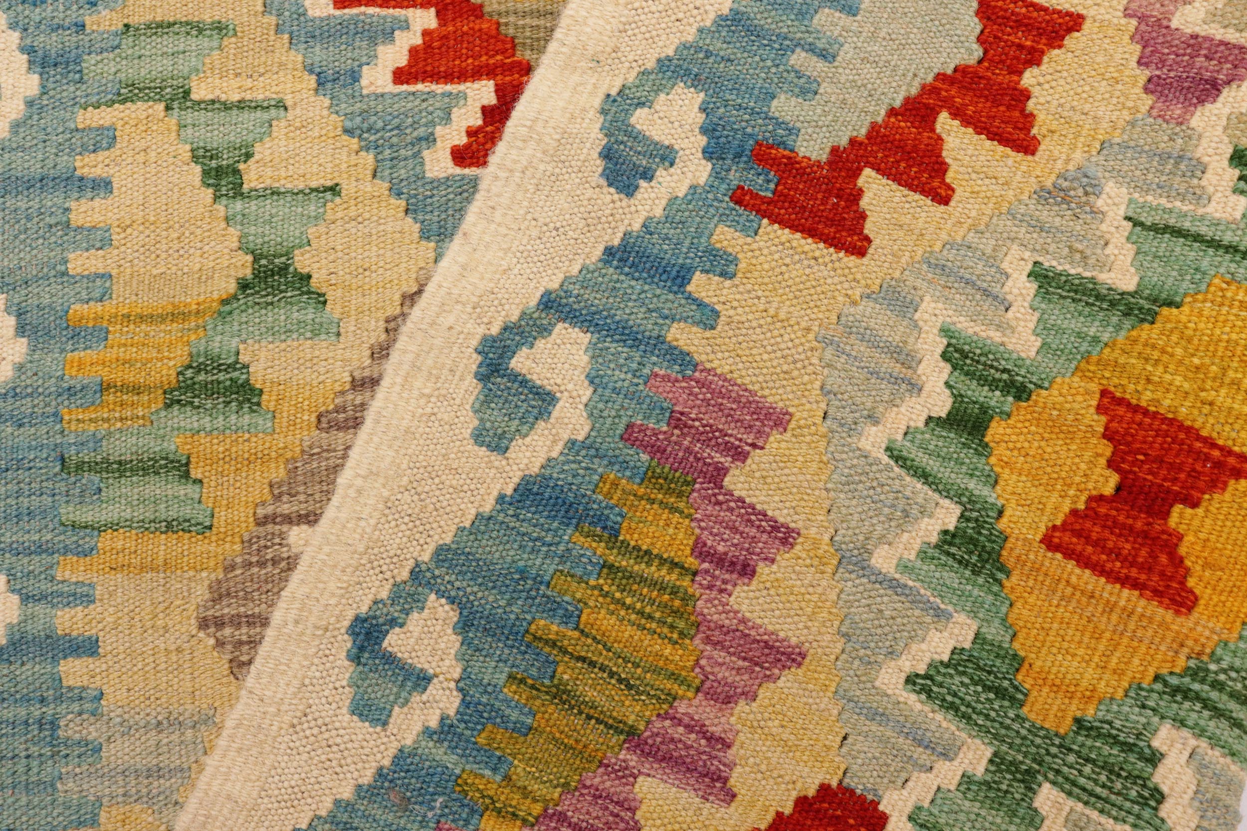 handmade Geometric Kilim Gold Blue Hand-Woven RUNNER 100% WOOL area rug 3 x 7