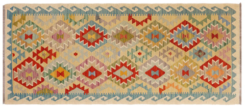 handmade Geometric Kilim Gold Blue Hand-Woven RUNNER 100% WOOL area rug 3 x 7
