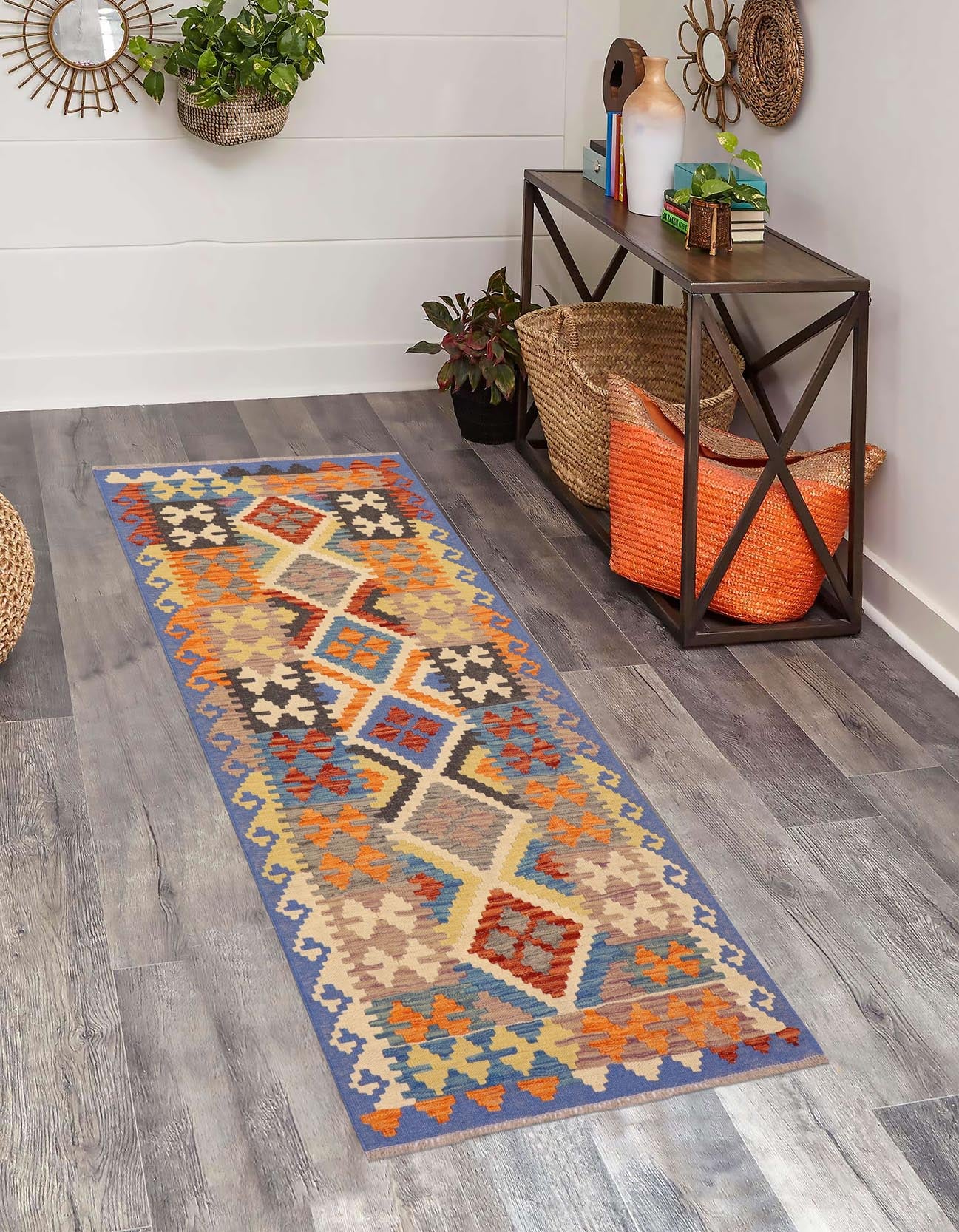 handmade Geometric Kilim Rust Blue Hand-Woven RUNNER 100% WOOL area rug 3' x 6'