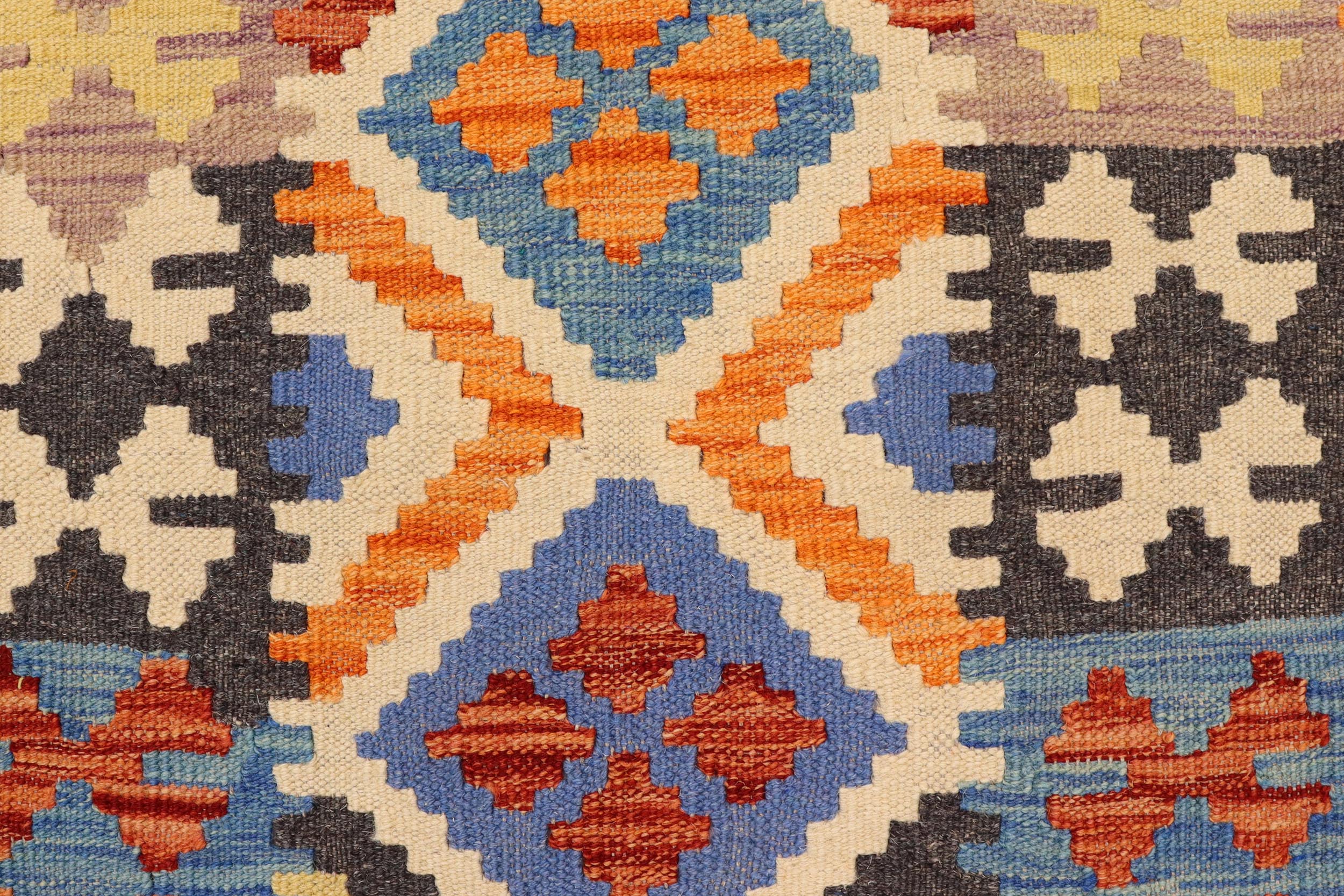 handmade Geometric Kilim Rust Blue Hand-Woven RUNNER 100% WOOL area rug 3' x 6'
