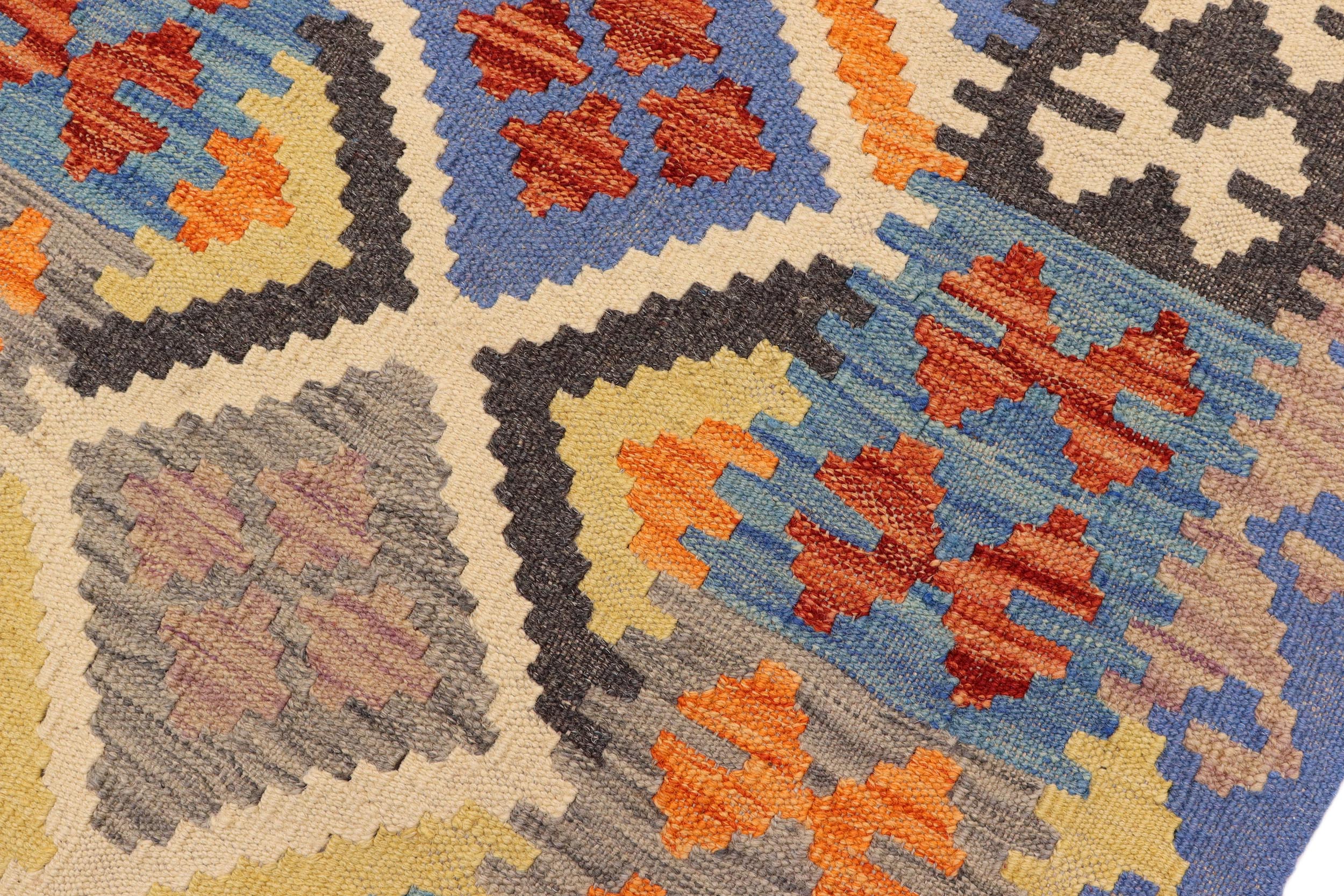 handmade Geometric Kilim Rust Blue Hand-Woven RUNNER 100% WOOL area rug 3' x 6'