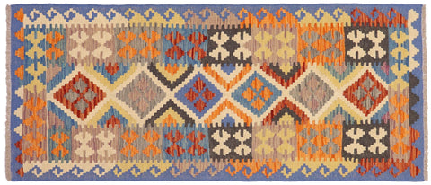 handmade Geometric Kilim Rust Blue Hand-Woven RUNNER 100% WOOL area rug 3' x 6'