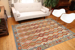 handmade Geometric Kilim Rust Blue Hand-Woven RECTANGLE 100% WOOL area rug 9 x 9