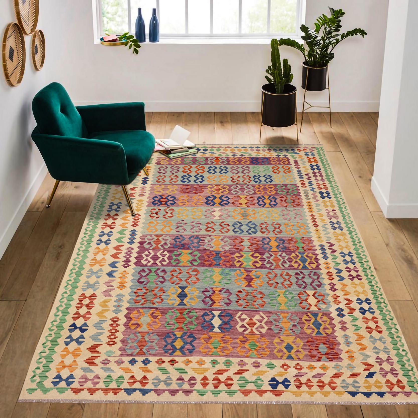 handmade Geometric Kilim Blue Beige Hand-Woven RECTANGLE 100% WOOL area rug 8 x 11