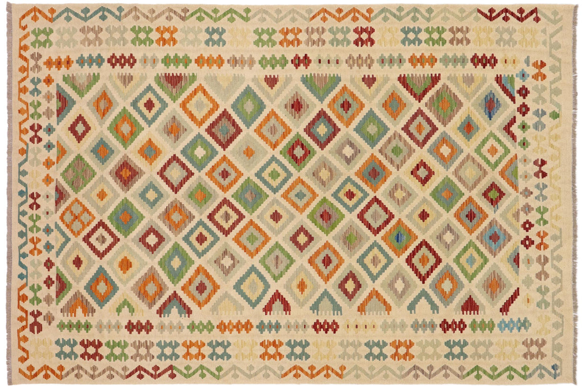 7x10 hand woven Turkish Kilim wool rug in beige and blue - Chic Jocelyn Turkish