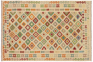 7x10 hand woven Turkish Kilim wool rug in beige and blue - Chic Jocelyn Turkish