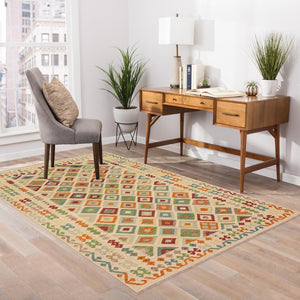 handmade Geometric Kilim Beige Blue Hand-Woven RECTANGLE 100% WOOL area rug 7 x 10