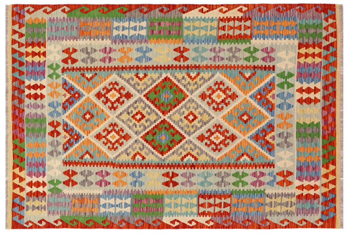 5x6 hand woven Turkish Kilim wool rug in rust and blue - Rustic Amiyah Turkish