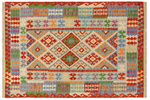 handmade Geometric Kilim Rust Blue Hand-Woven RECTANGLE 100% WOOL area rug 5 x 7