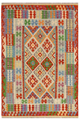 Flat Weave Kilim Antique Navaho Vintage handmade Geometric Kilim Rust Blue Hand-Woven Rectangle 100% Wool Area Rug 5x7 