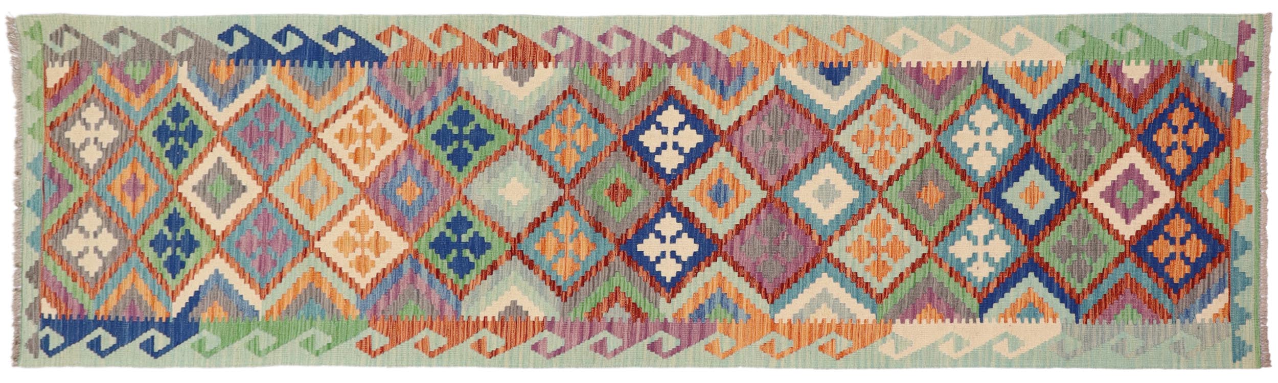 handmade Geometric Kilim Rust Blue Hand-Woven RUNNER 100% WOOL area rug 3 x 10