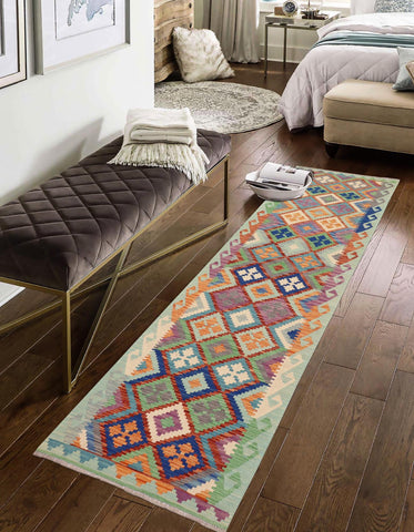 handmade Geometric Kilim Rust Blue Hand-Woven RUNNER 100% WOOL area rug 3 x 10