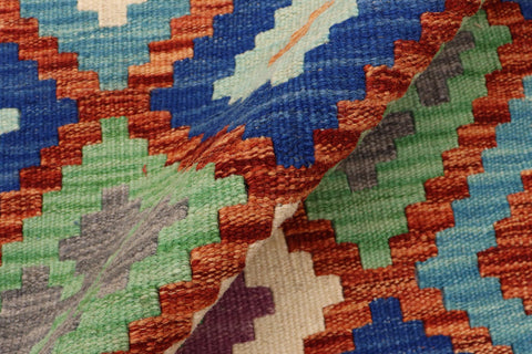 handmade Geometric Kilim Rust Blue Hand-Woven RUNNER 100% WOOL area rug 3 x 10