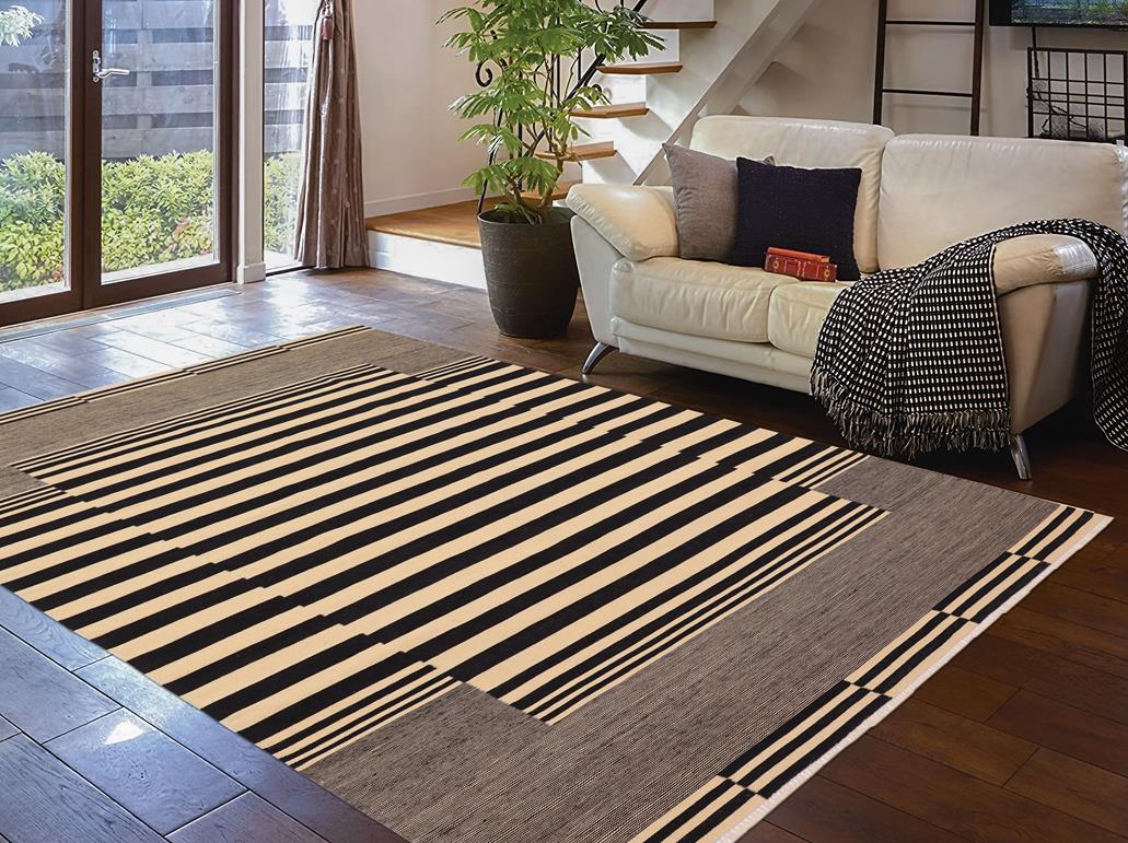 Flat Weave Kilim Antique Navaho Vintage handmade Modern Kilim Beige Black Hand-Woven Rectangle 100% Wool Area Rug 7x11 