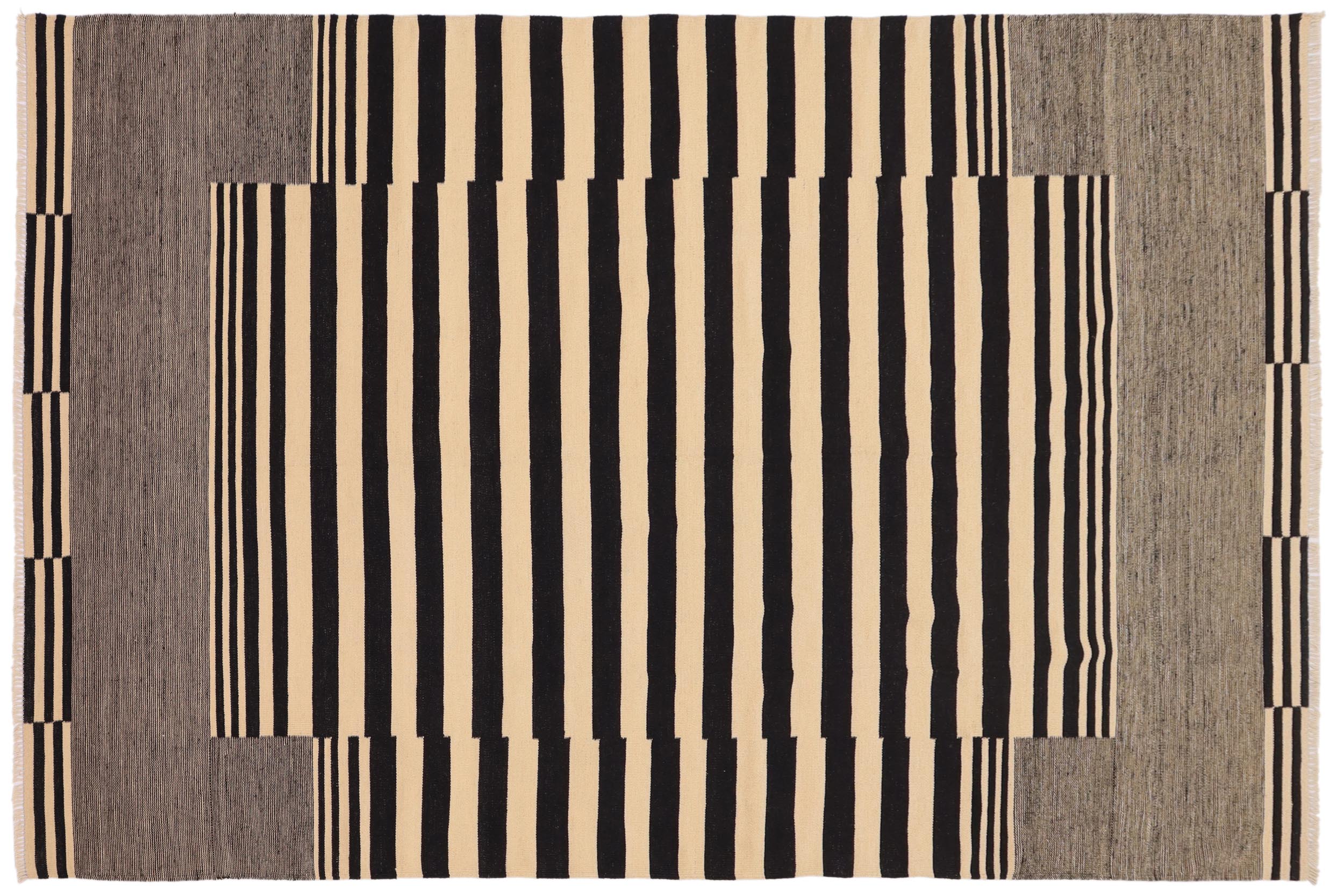 handmade Modern Kilim Beige Black Hand-Woven RECTANGLE 100% WOOL area rug 7' x 11'