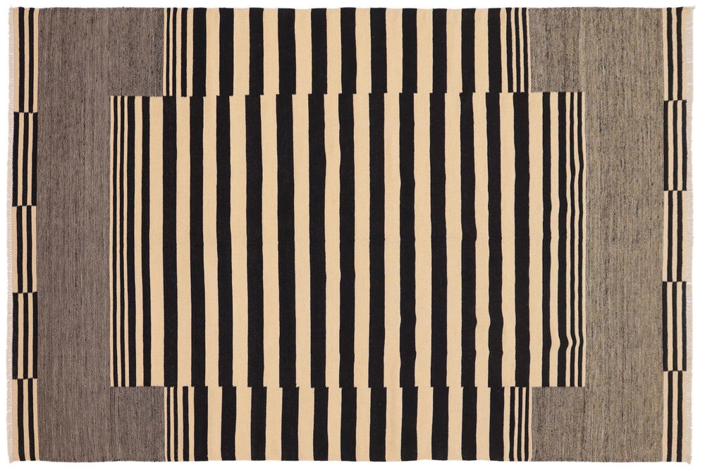 handmade Modern Kilim Beige Black Hand-Woven RECTANGLE 100% WOOL area rug 7' x 11'