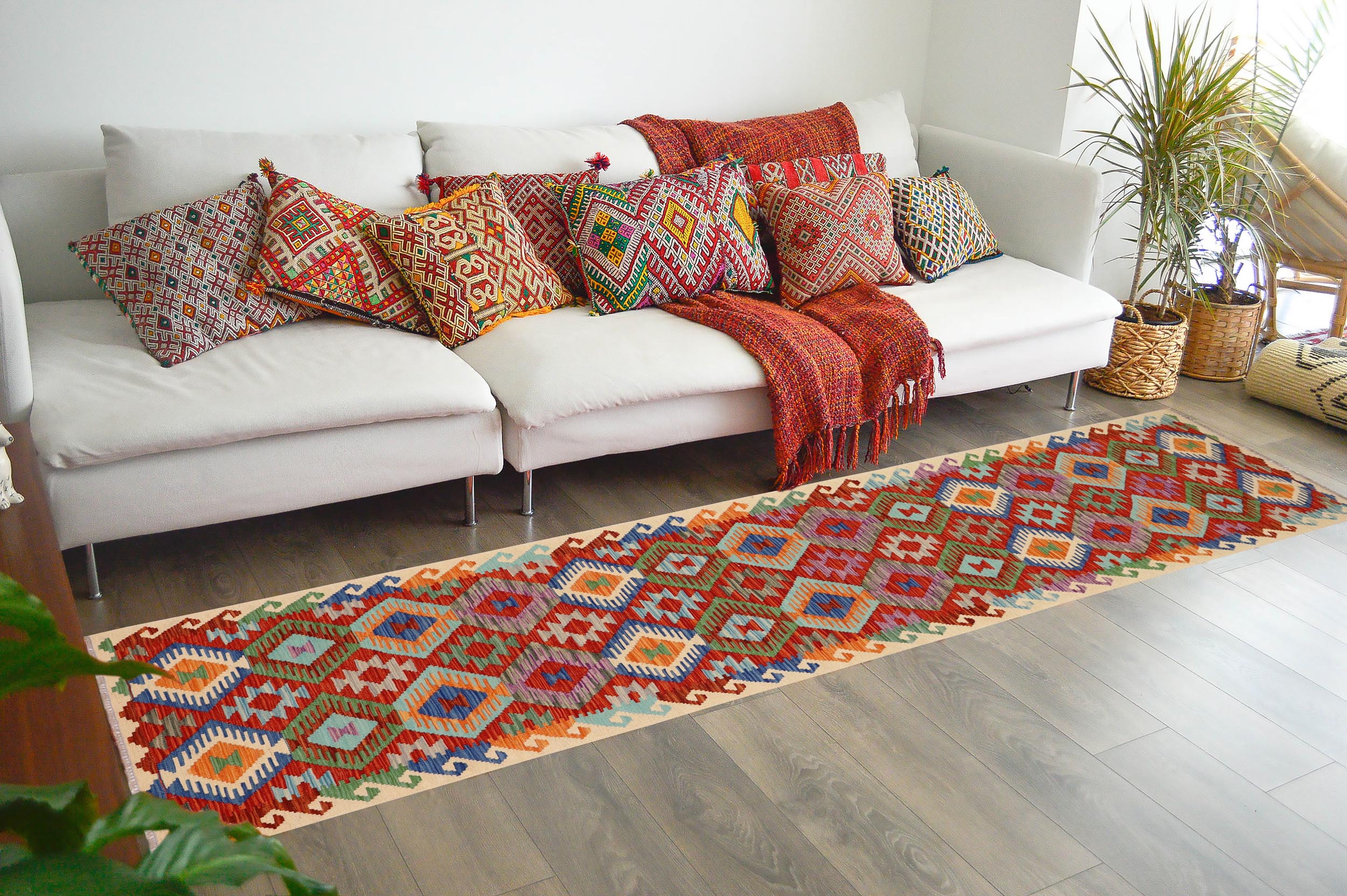 handmade Geometric Kilim Rust Beige Hand-Woven RUNNER 100% WOOL area rug 3 x 13