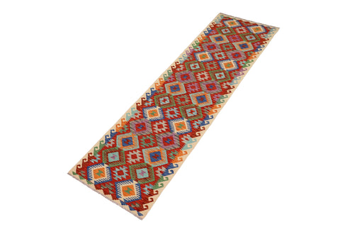 handmade Geometric Kilim Rust Beige Hand-Woven RUNNER 100% WOOL area rug 3 x 13