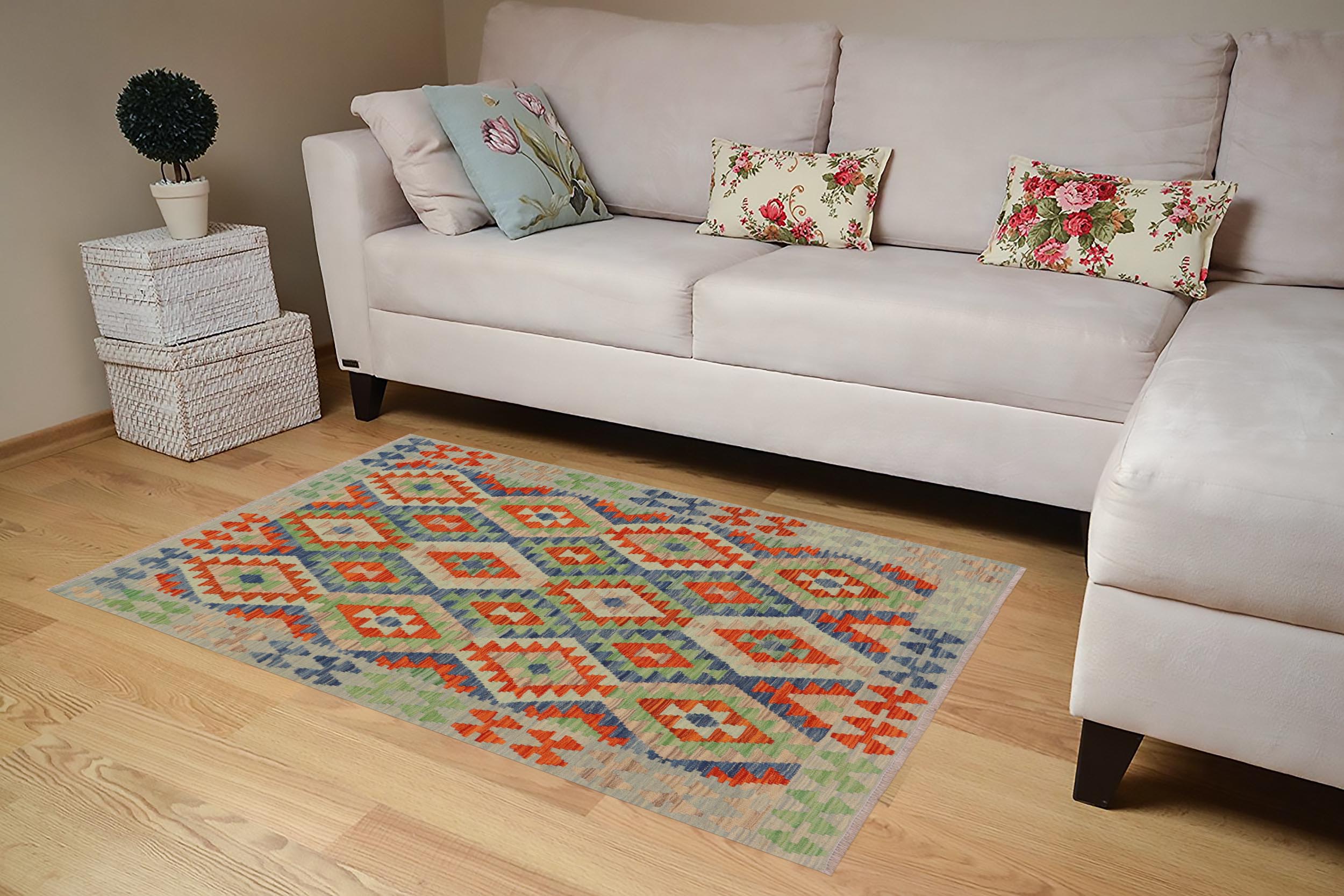handmade Geometric Kilim Blue Rust Hand-Woven RECTANGLE 100% WOOL area rug 4 x 6