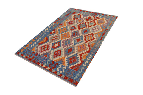 handmade Geometric Kilim Rust Blue Hand-Woven RECTANGLE 100% WOOL area rug 5x6