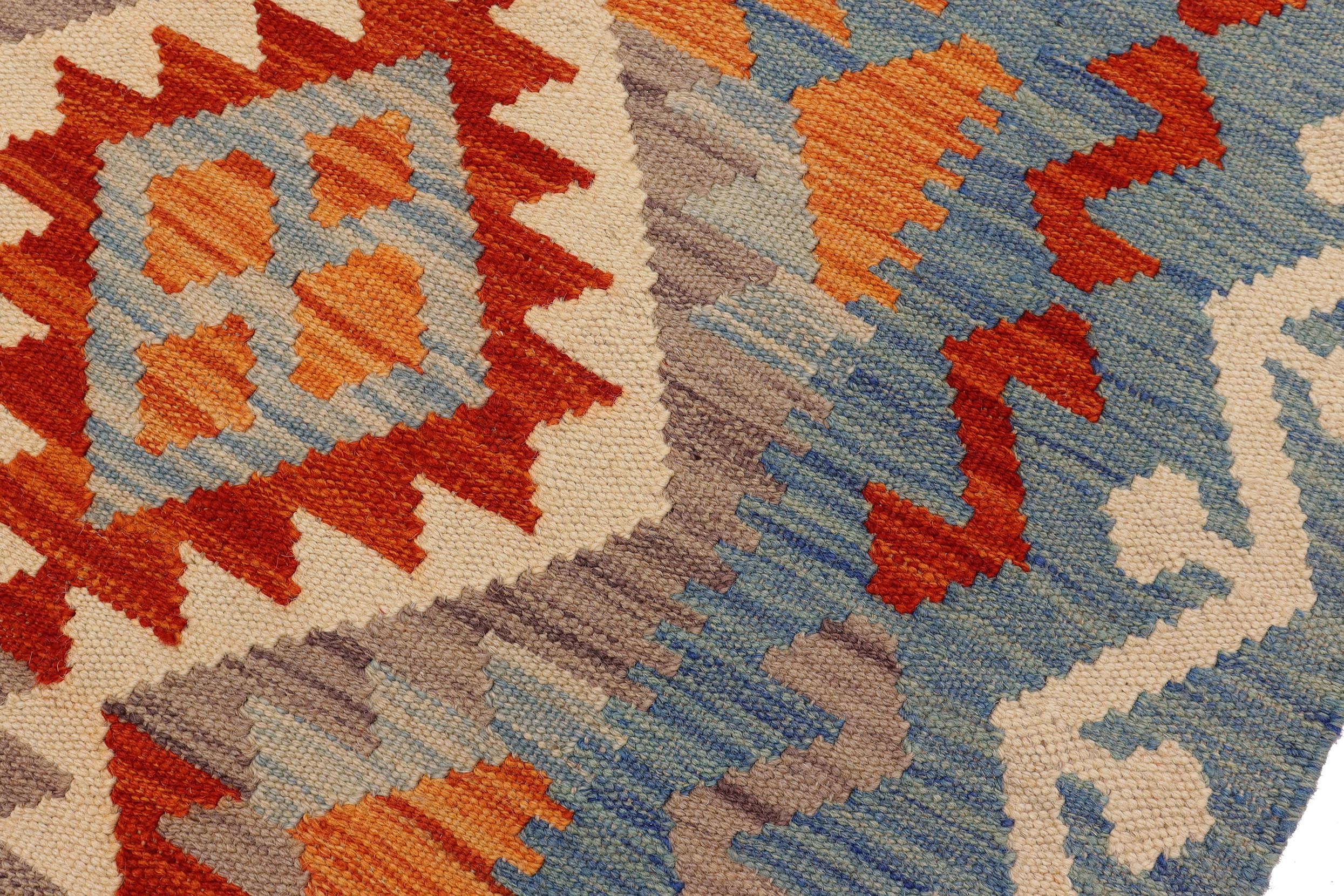 handmade Geometric Kilim Rust Blue Hand-Woven RECTANGLE 100% WOOL area rug 5x6