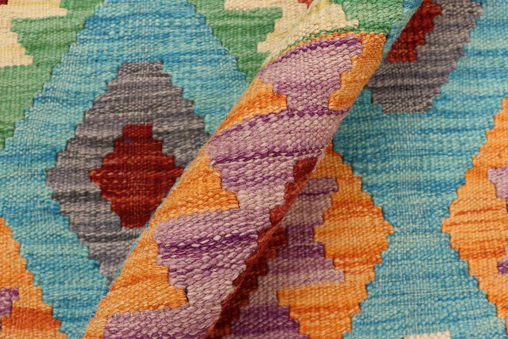 Flat Weave Kilim Antique Navaho Vintage handmade Geometric Kilim Blue Rust Hand-Woven Rectangle 100% Wool Area Rug 5x7 