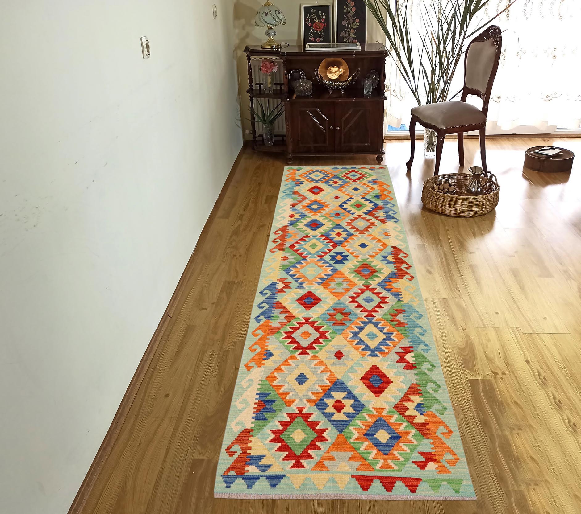 handmade Geometric Kilim Rust Blue Hand-Woven RUNNER 100% WOOL area rug 3 x 10