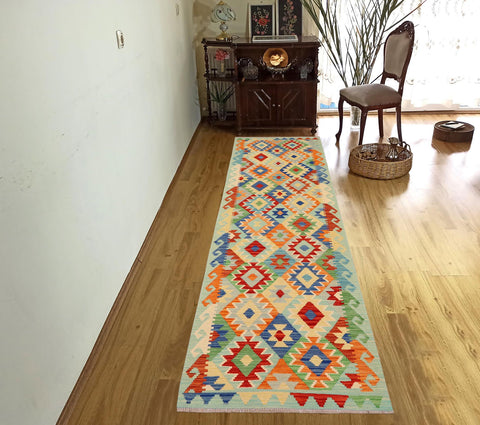 handmade Geometric Kilim Rust Blue Hand-Woven RUNNER 100% WOOL area rug 3 x 10