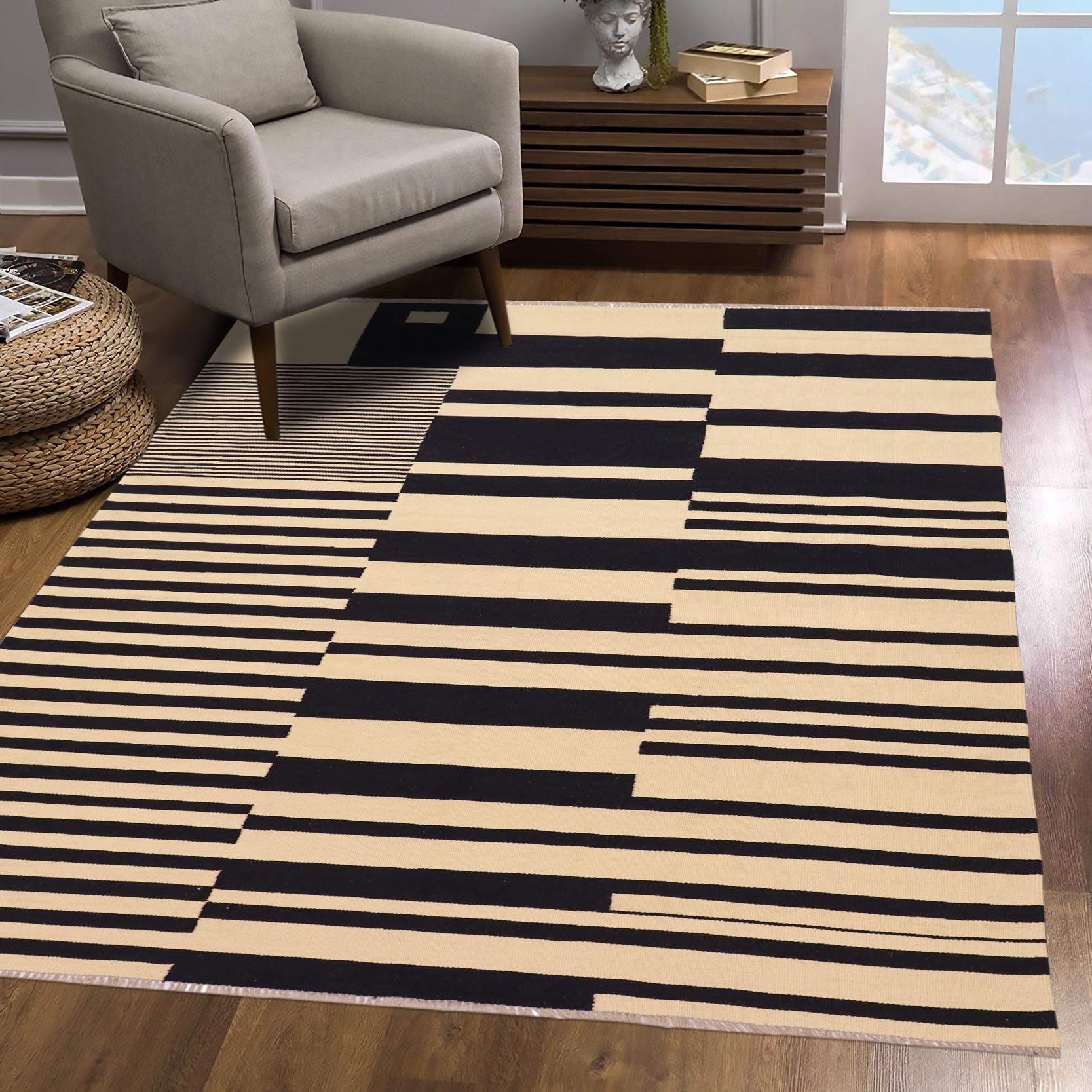 handmade Modern Kilim Beige Black Hand-Woven RECTANGLE 100% WOOL area rug 6' x 8'