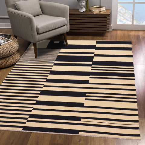 handmade Modern Kilim Beige Black Hand-Woven RECTANGLE 100% WOOL area rug 6' x 8'