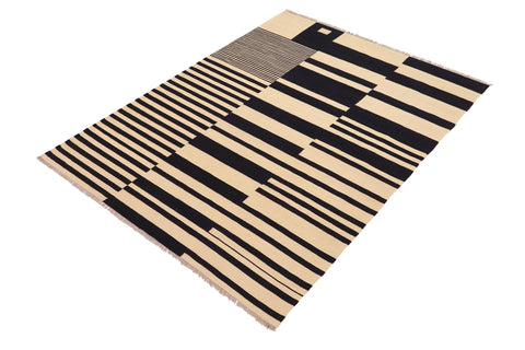handmade Modern Kilim Beige Black Hand-Woven RECTANGLE 100% WOOL area rug 6' x 8'