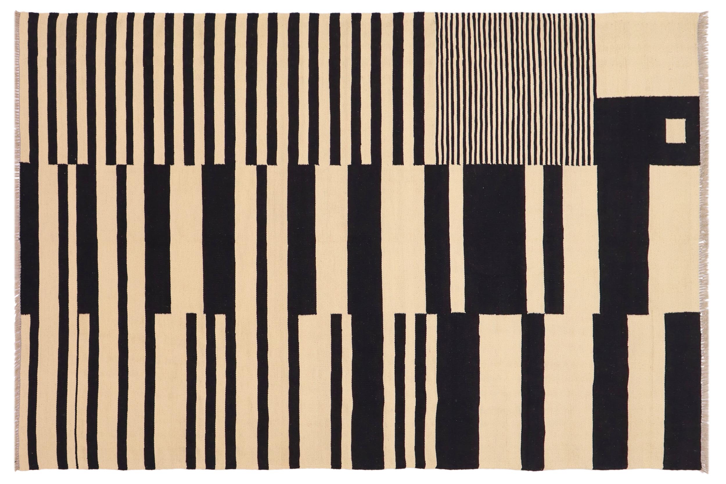 handmade Modern Kilim Beige Black Hand-Woven RECTANGLE 100% WOOL area rug 6' x 8'