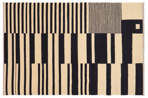 handmade Modern Kilim Beige Black Hand-Woven RECTANGLE 100% WOOL area rug 6' x 8'