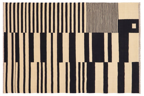 handmade Modern Kilim Beige Black Hand-Woven RECTANGLE 100% WOOL area rug 6' x 8'