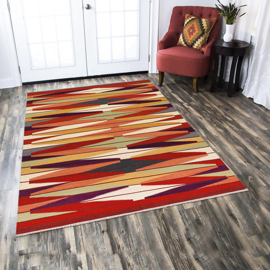 handmade Modern Kilim Rust Beige Hand-Woven RECTANGLE 100% WOOL area rug 5x8