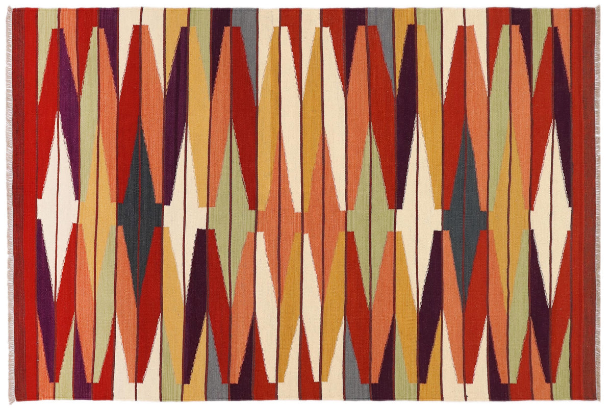 5x8 hand woven Turkish Modern Kilim wool rug in rust and beige - Turkish Chic Broderic